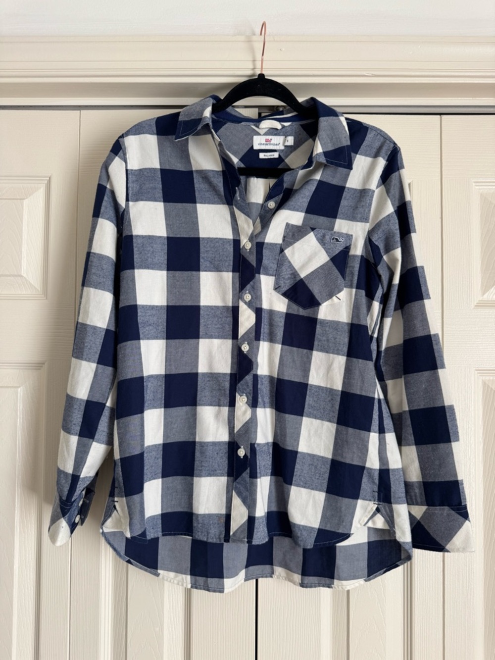 Vineyard Vines Navy and White Buffalo Check Button-Down Flannel Shirt Size 6